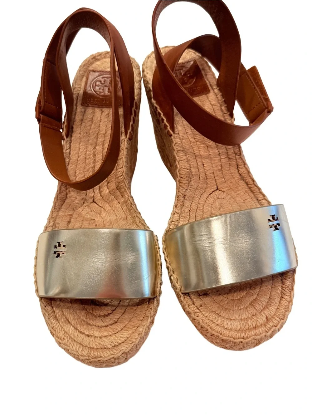 Tory Burch Bima 2 Espadrilles Wedge Sandals Metallic & Tan Leather Sz 9